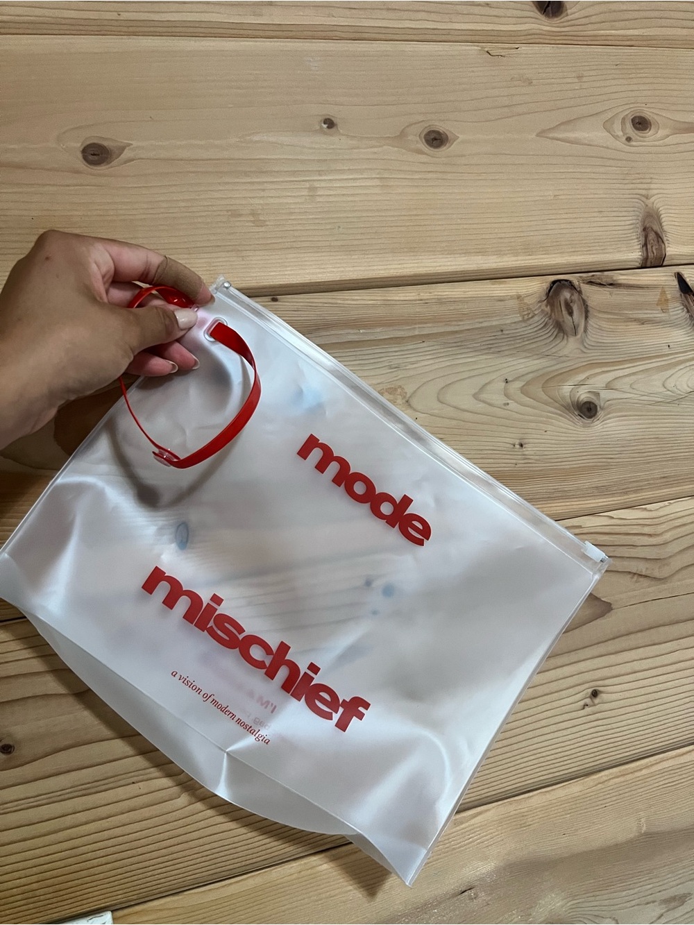 Clear Pouch Bag in White with Red Print